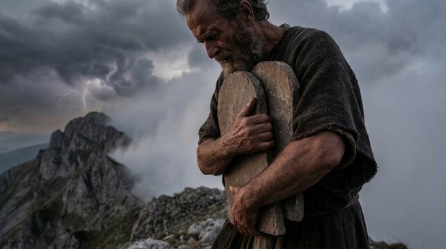 Man holding stone tablets on mountaintop during storm. Biblical prophet Moses carrying law on mountain. Spiritual religious scene representing faith, covenant and divine revelation.