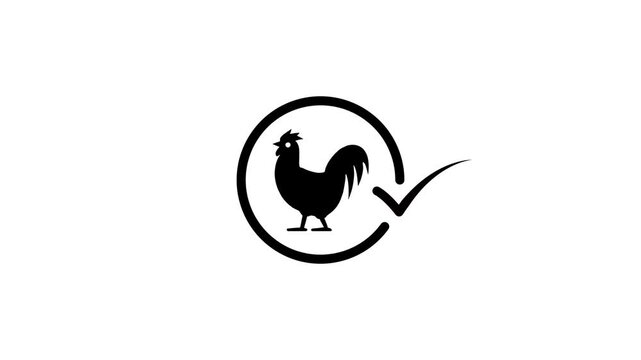 Animated rooster logo emerging from circle with checkmark, concept of quality and approval