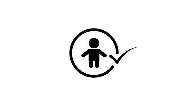 Minimalist person icon animation with circular outline and checkmark symbol on white background representing user verification