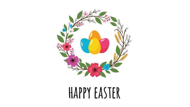 Vibrant Easter wreath made of spring flowers and willow branches surrounding a group of colorful decorated eggs on a white background.