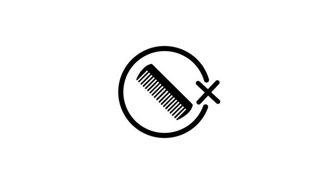 Animated hair comb icon with cross sign mark in black and white minimalist style for barber services
