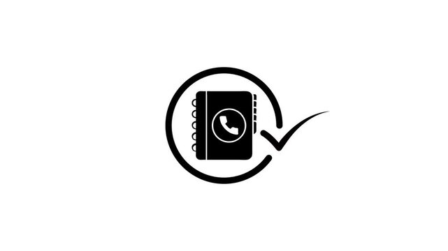 Animated contact book icon with phone symbol and check mark circle in black and white minimalist motion graphic