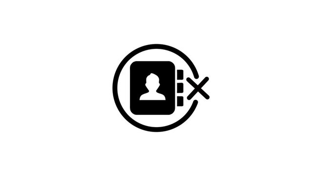 Minimalist black and white motion graphic animation of address book icon with delete cross mark in circle