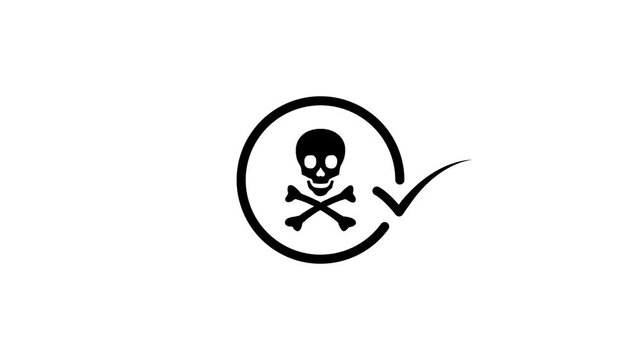 Skull and crossbones symbol with check mark inside circle motion graphic