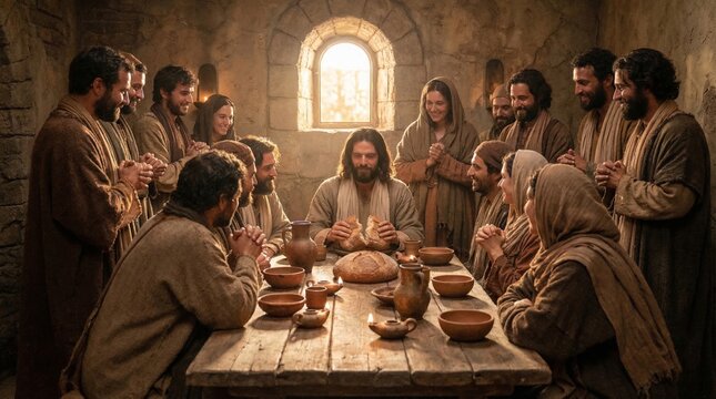 Jesus breaking bread with disciples at table. Last Supper gathering in stone room. Historical religious scene of christian faith. Religious art representing communion and holy fellowship.