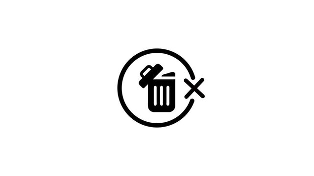 Trash can icon with cross symbol indicating no deletion or prohibition, motion graphics