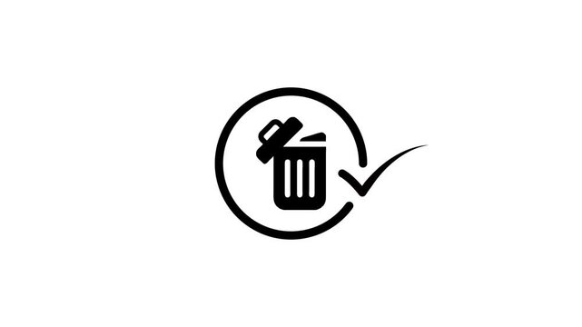 Simple animation of trash can icon with check mark appearing inside spinning circle, success concept