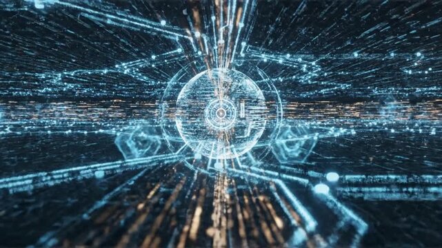 Quantum computing processor and digital data network background featuring futuristic cyber security core with artificial intelligence infrastructure for global cloud connectivity and fintech