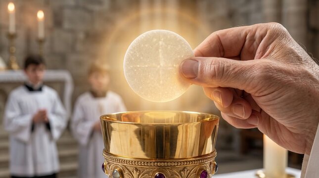 Priest holding communion host above golden chalice during holy communion ceremony in church. Symbolic representation of body and blood of Jesus Christ for Catholic Easter mass worship.