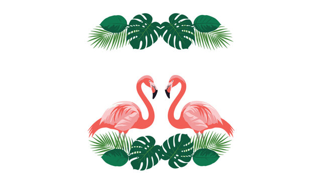 Pair of elegant pink flamingos facing each other surrounded by lush green tropical palm and monstera leaves in a symmetrical floral arrangement.