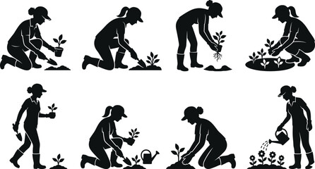 Obraz premium Silhouette illustrations of gardener performing planting, watering, and gardening activities with tools and plants outdoors