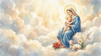 Virgin Mary holding baby Jesus sitting on clouds. Biblical scene of mother and child in heaven. Catholic religious artwork depicting holy family with dove, lamb and flower illustration. © AlfaSmart