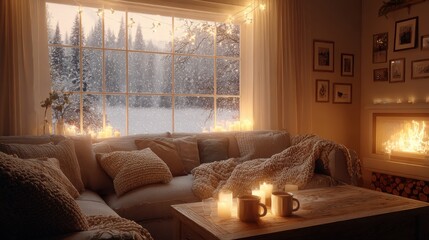 Naklejka premium Cozy Winter Interior with Fireplace and Snowy View for Relaxation and Holiday Concepts