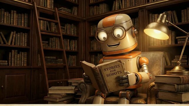 Robot reads "Stories of Robots" in a library. Bookshelves line the room. Stacks of books rest nearby. Lamp shines softly. The robot smiles warmly. Close-up shows large eyes