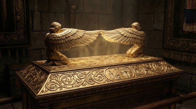 Golden Ark of the Covenant with two cherubims spreading wings. Biblical relic from the Old Testament. Sacred religious object for worship in church. Christianity and faith concept.