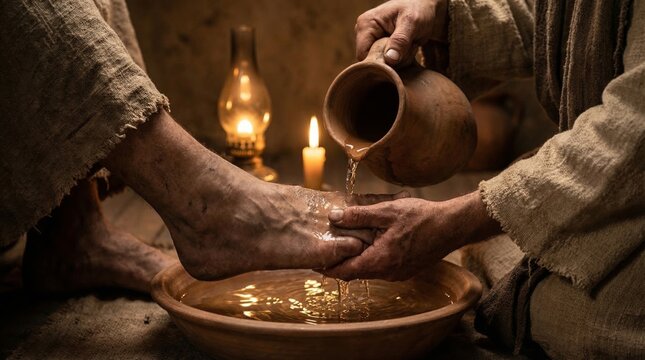 Jesus Christ washing feet of disciple. Biblical scene depicting act of service and humility. Religious historical event for church worship, easter inspiration, christian ministry faith.