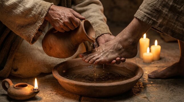 Jesus Christ washing a disciple foot in a bowl. Biblical act of humility and service according to Christian tradition. Religious scene depicting worship, sacrifice and faith. Spiritual lesson.