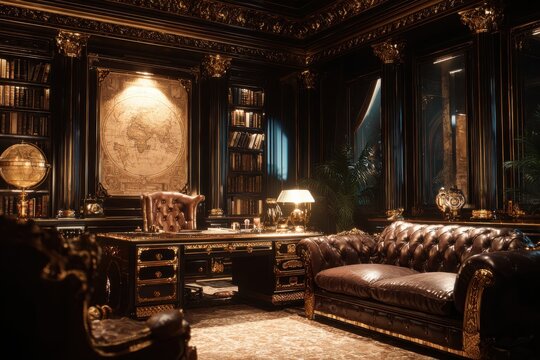Opulent Home Office Interior Featuring Leather Furniture, Antique Decor, Rich Colors, and Luxurious Design Elements