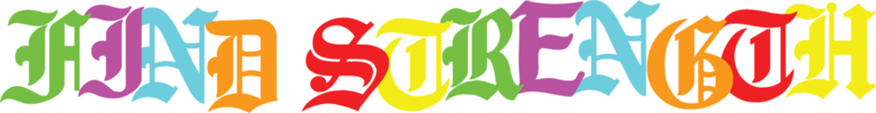 Dead souls, gothic blackletter font in bright, varied colors on a transparent scene