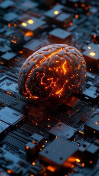 The glowing brain depicted on microchips symbolises revolutionary technologies in neuroscience, providing a striking backdrop 