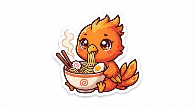 Cute kawaii sticker design of a tiny baby phoenix bird eating a steaming bowl of ramen noodles, vibrant orange and gold feathers, big expressive eyes, thick white die-cut border, vector art style, fla
