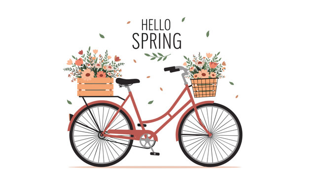 Vintage red bicycle with baskets overflowing with colorful flowers and falling leaves under the cheerful greeting hello spring.