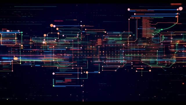 Neon-lit circuit board with glowing lines and dots in dark background for tech-themed presentation or website background