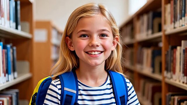 Young girl smiling in library