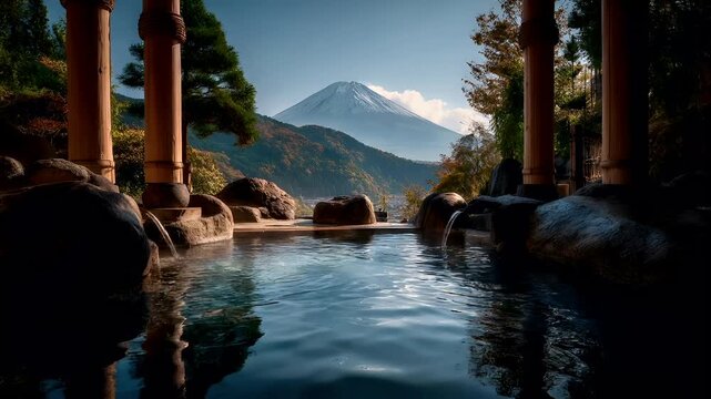 Geothermal hot springs resort, spa, bath pool, winter relaxation vacation theme. A tranquil scene of a hot spring with a majestic mountain, Mount Fuji, in the background.
