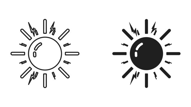 Sun Icons: Outline and Silhouette with Rays and Lightning Bolts, Representing Energy and Power