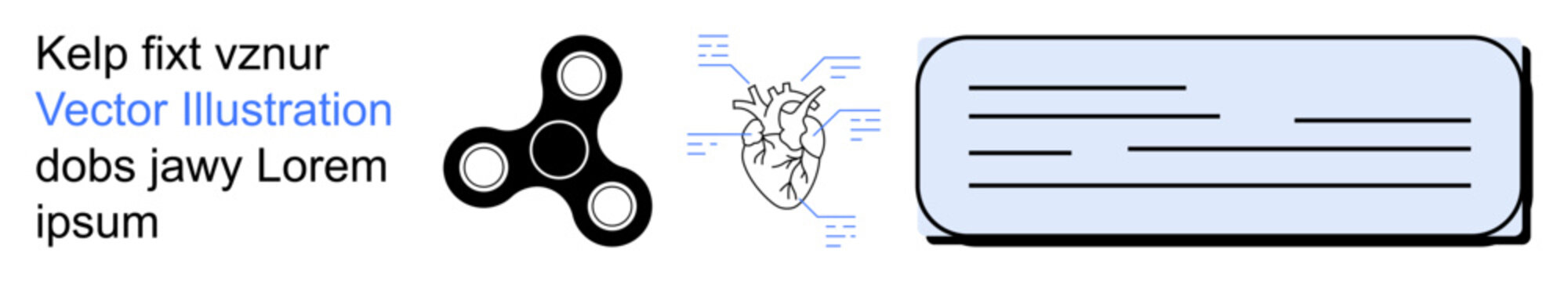 Creativity, education, abstract art, graphic design, anatomy study, technology. A fidget spinner, anatomical heart outline and text block. Creativity and education concept