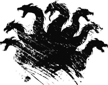 Five headed dragon silhouette with grunge brush stroke texture design for fantasy and mythical themes