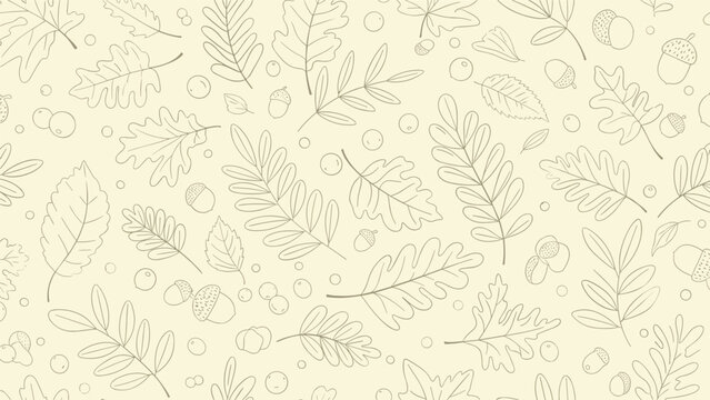 Subtle seamless pattern featuring delicate line drawings of various autumn leaves acorns and berries in a light neutral color on a beige background.