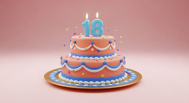 Colorful 18th birthday cake with candles on pink background