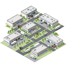 Obraz premium Isometric illustration of a modern industrial park with warehouses, trucks, forklifts, and trees, depicting logistics and distribution activities.