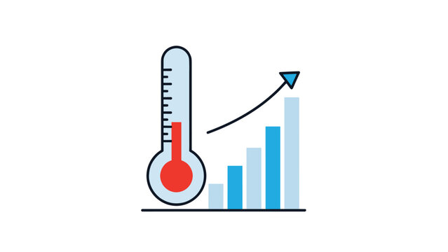 Vertical thermometer next to a bar chart showing an increasing trend for global warming or rising market prices.
