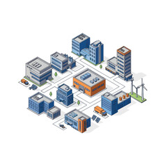 Obraz premium Isometric illustration of a modern smart city district with sustainable energy sources and various buildings.