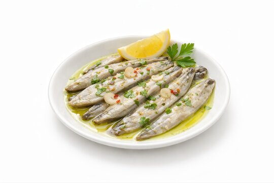 Boquerones en Vinagre freistehend auf wei&szlig;em Teller
Marinierte Boquerones en Vinagre auf wei&szlig;em Teller mit Oliven&ouml;l, Petersilie und Zitrone, freistehend auf reinwei&szlig;em Hintergrund.