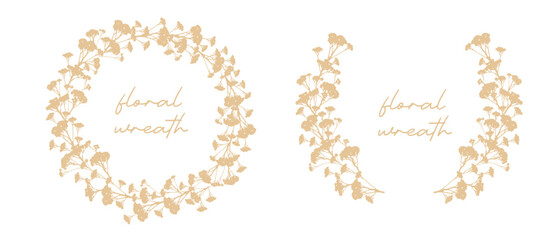 Gold Hand‑Drawn Floral Wreaths With Tansy Flowers- Elegant Botanical Art for Invitations & Branding. Floral wreath illustrations are perfect for wedding invitations, logos, stationery, greeting cards.