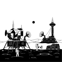 Lunar Base Illustration - Astronauts, Lander, Rover, and Habitat. © Wahyu