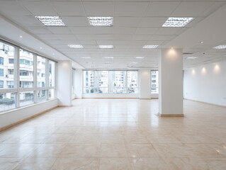 Obraz premium Empty Modern Office Space with Large Windows and Polished Floors, Ready for Occupancy