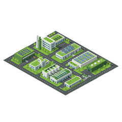 Obraz premium Isometric illustration of a modern industrial park featuring eco-friendly buildings with green roofs and solar panels.