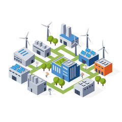 Obraz premium Isometric illustration of a sustainable city district with renewable energy sources and green buildings.