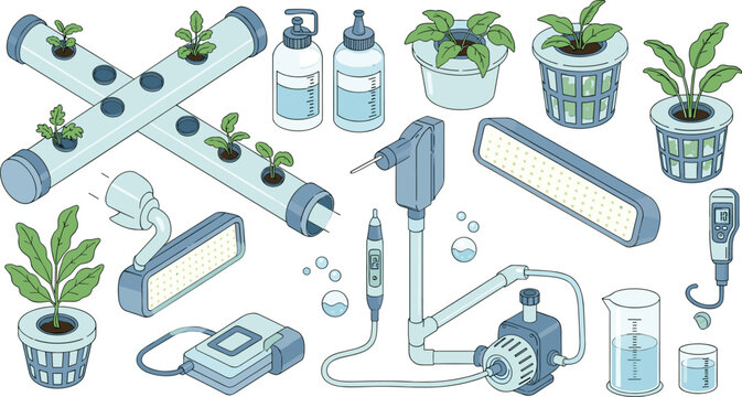Hydroponic Gardening System Set with Grow Lights, Hydroponic Tubes, Water Pumps, pH Meters, Nutrient Bottles, and Growing Plants Illustrations