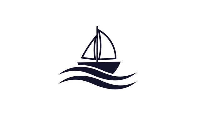 Minimalist black and white icon of a sailboat on stylized waves, representing sailing, travel, and marine adventure on a white background.