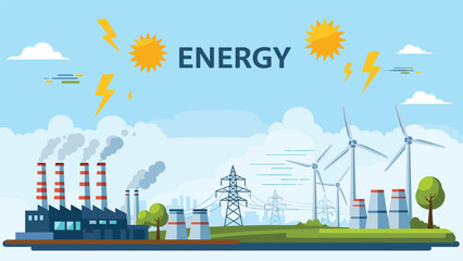 Fototapeta premium A comprehensive illustration depicting energy generation, showcasing both a coal power plant with smoke and clean wind turbines, with sun and lightning bolts symbolizing power.