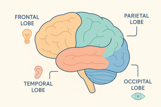 Colorful flat illustration of human brain diagram showcasing intellectual concepts. This educational neuroscience chart with pastel palette shows labeled lobes and icons