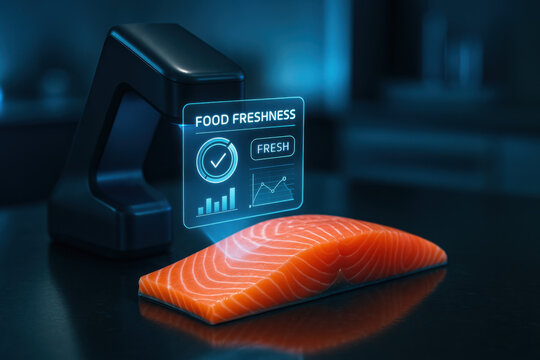 Futuristic food freshness scanner with holographic interface analyzing fresh salmon fillet. This advanced technology for smart kitchen provides confidence in food quality