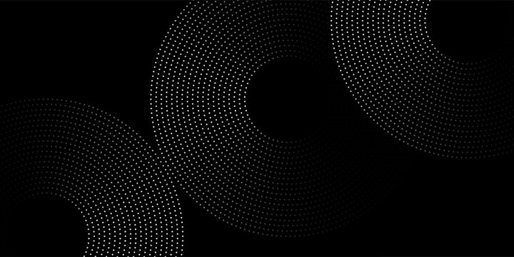 Wave dots abstract pattern. Flow of white curved dotted lines vector illustration isolated on black background. Dynamic shiny swirl backdrop. Digital, technology, ia, music, modern design element.