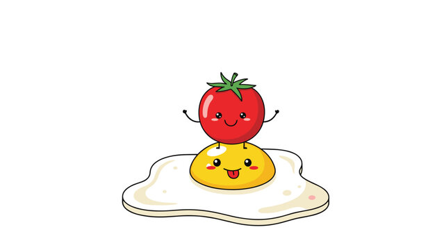 Whimsical illustration of a happy red tomato character standing playfully atop a smiling fried egg character, creating a charming and cute food-themed graphic.
